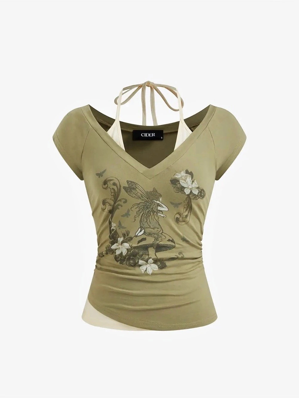 Cider Cotton-blend Halter Neckline Graphic Two Tone Ruched Top Ruched Floral Top